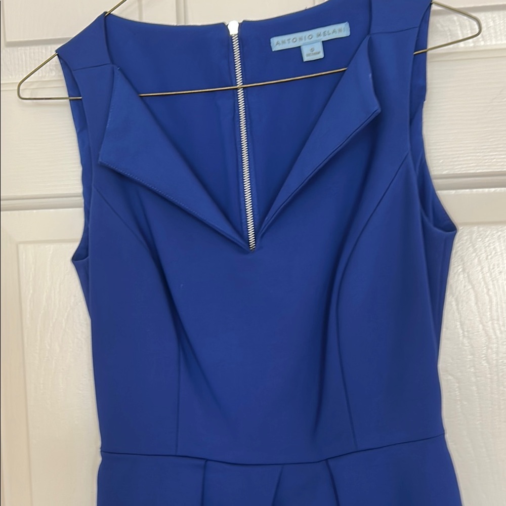 ANTONIO MELANI Blue Ruched Sheath Dress V-neck Midi - Picture 3 of 11